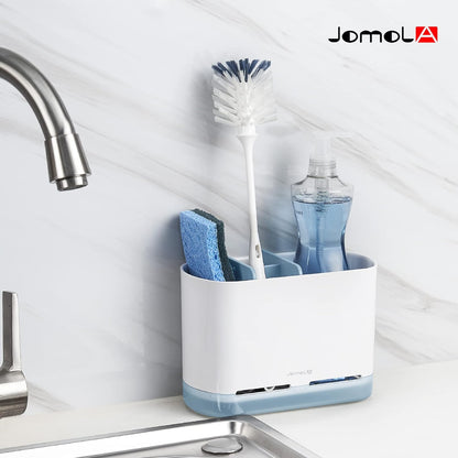 JOMOLA Dish Brush Caddy for Kitchen Sink Toothbrush Holders for Bathrooms Sink Sponge Holder Kitchen Counter Scrub Soap Brush Organizer Sinkware Caddy with Drain Tray Dividers (Blue)