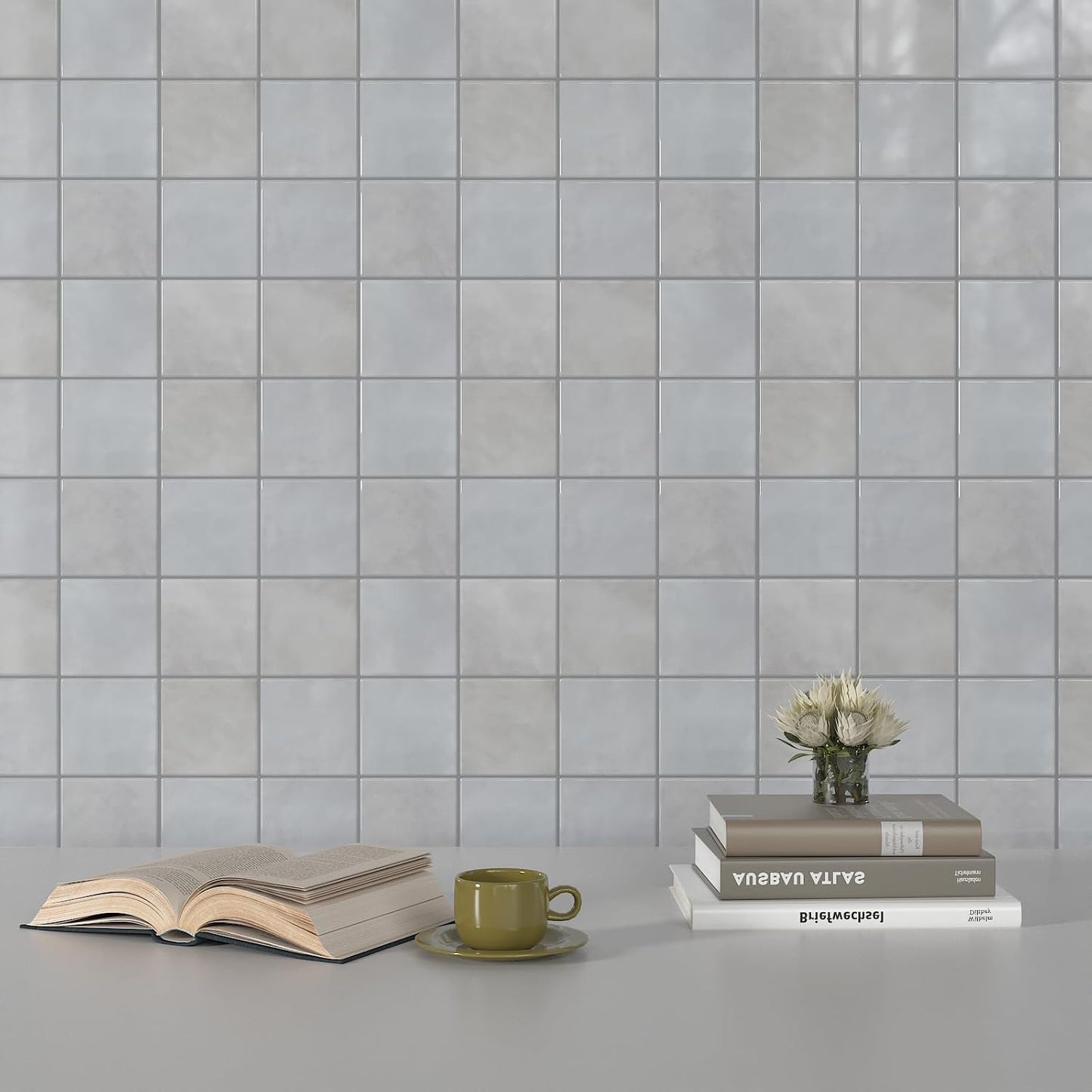 CHIHUT 6 Sheets 12"x12" Glossy Grey Concrete Checkered Peel and Stick Backsplash Tiles Waterproof Heat Resistant Self Adhesive Vinyl Wall Tiles for Kitchen Bathroom Laundry Room Renter Friendly Tiles