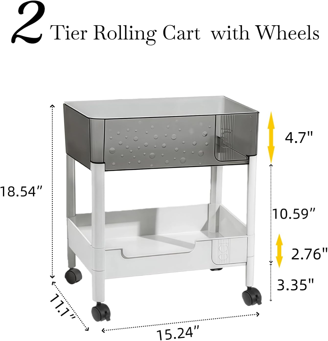 2 Tier Rolling Cart with Wheels for Under Desk Storage, Heavy Duty Plastic Short Small Utility Cart for Small Space Bathroom Vanity Makeup Organizer Pantry, 4.7'' Deep Baskets for Tall Bottles