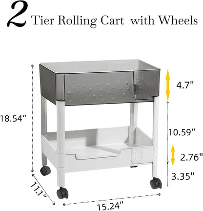 2 Tier Rolling Cart with Wheels for Under Desk Storage, Heavy Duty Plastic Short Small Utility Cart for Small Space Bathroom Vanity Makeup Organizer Pantry, 4.7'' Deep Baskets for Tall Bottles