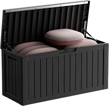 320 Gallon Waterproof Outdoor Storage Box, UV Resistant Resin Deck Box with Hydraulic Rod for Reinforced Stability, Perfect for Patio, Garden, and Pool（Black，320 Gallon）
