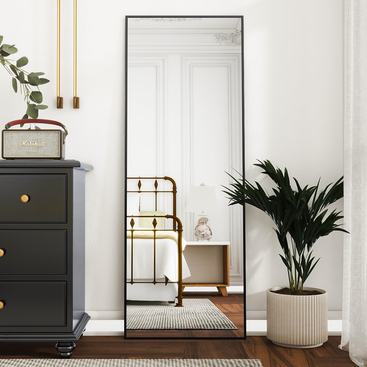 VooBang Mirror Full Length - 21" x 57" Floor Mirror with Stand, Aluminum Alloy Frame Full Body Mirror, Standing Hanging or Leaning Against Wall for Bedroom and Living Room, Black