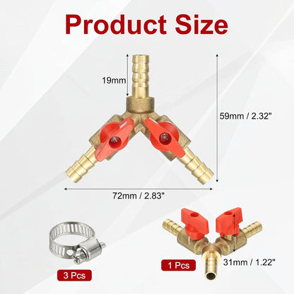 PATIKIL 3 Way Shut Off Ball Valve, 1/4" Y Shaped 3 Way Brass Garden Hose Barb Splitter Line Sprayer Parts Coolant Hose Valve Fitting with 2 Red Switch for Gas Fuel Oxygen, 1 Set