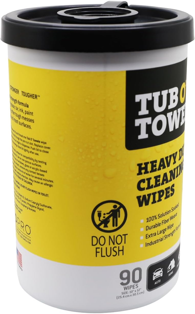 Tub O' Towels Heavy-Duty Multi-Surface Cleaning Wipes, 7" x 8", 40 Count Canister, Removes Grease, Grime, and Tough Stains, Durable Disposable White Wipes for Home, Garage, and Outdoor Cleaning Tasks | industrial-disposable-wipes