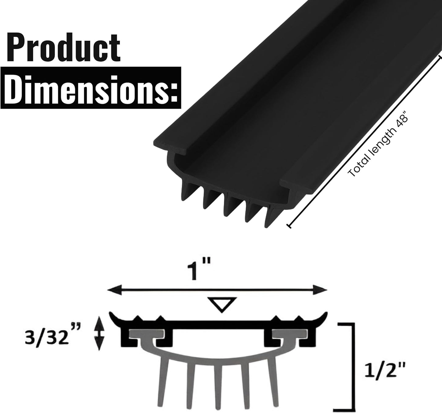 CBW KC Hardware U Shaped Rubber Door Bottom Sweep| Weather Stripping Door Seal Bottom for Front Door Bottom| Under Door Seal for Exterior Doors| Black- 48 Inch