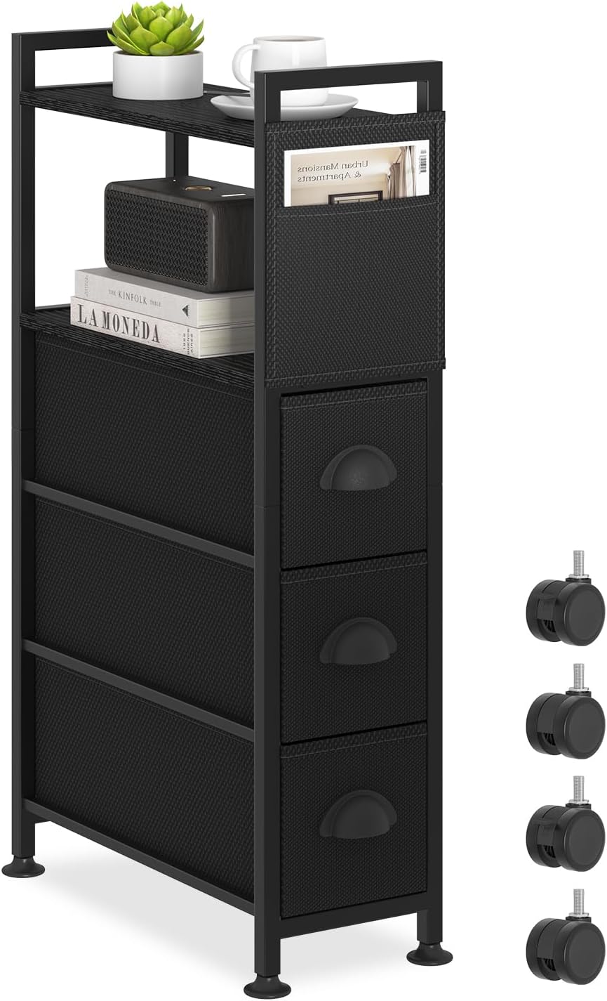 Oppro Small Narrow Side End Table, 2 Drawer Slim Nightstand Bedside Sofa Table with Wheels, Space Saving Rolling Skinny Thin Desk with Storage Bag for Bedroom Living Room Couch Bathroom Dorm