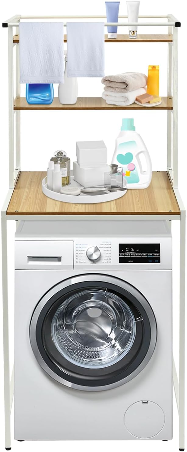Over The Washer and Dryer Storage Shelf, 3-Tier Bathroom Room Shelf Storage Utility Rack Over The Toilet Washer Dryer Heavy Duty Laundry Room Organizer Bathroom Space Saving Organizer (White+ Log)