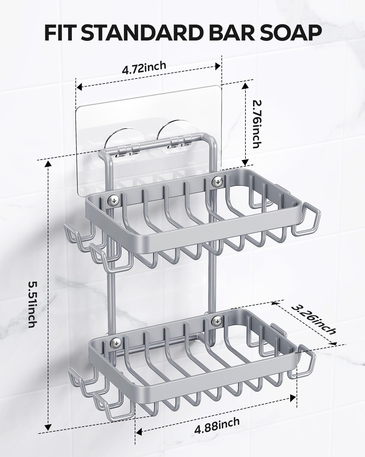 Nieifi Bar Soap Holder, Adhesive Soap Dish for Bathroom Shower Wall | Stainless steel, 2 tier, razor holders, 8 hooks, bathtub, kitchen sink, wall mounted, no drilling, counter, black