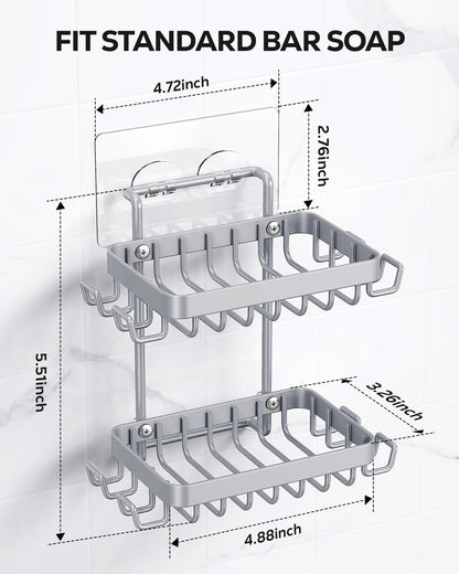 Nieifi Bar Soap Holder, Adhesive Soap Dish for Bathroom Shower Wall | Stainless steel, 2 tier, razor holders, 8 hooks, bathtub, kitchen sink, wall mounted, no drilling, counter, black