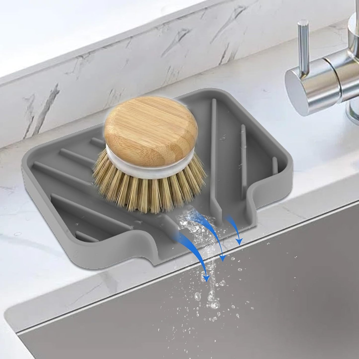 JACZZO Silicone Sponge Holder for Kitchen Sink, (10x4 In) Sink Caddy with Drain Spout, Self Draining Soap Tray & Organizer, Kitchen Accessories,Bathroom Organizer, Easy to Clean (Grey)