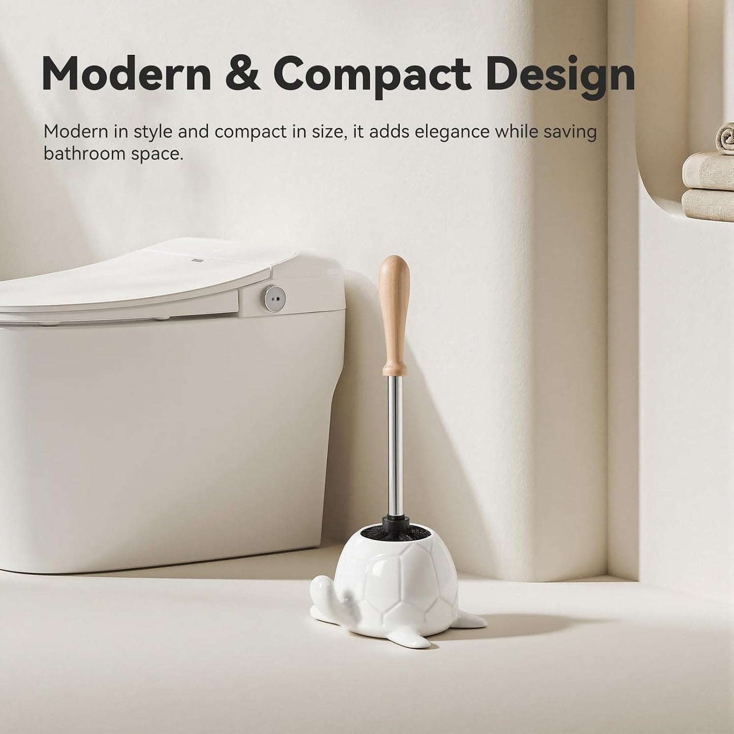 Toilet Brush and Holder Set, Ceramic Turtle Base Toilet Brush Set - 7.5” Bowl Cleaner, Toilet Scrubber Brush with Ergonomic Handle (Silver)