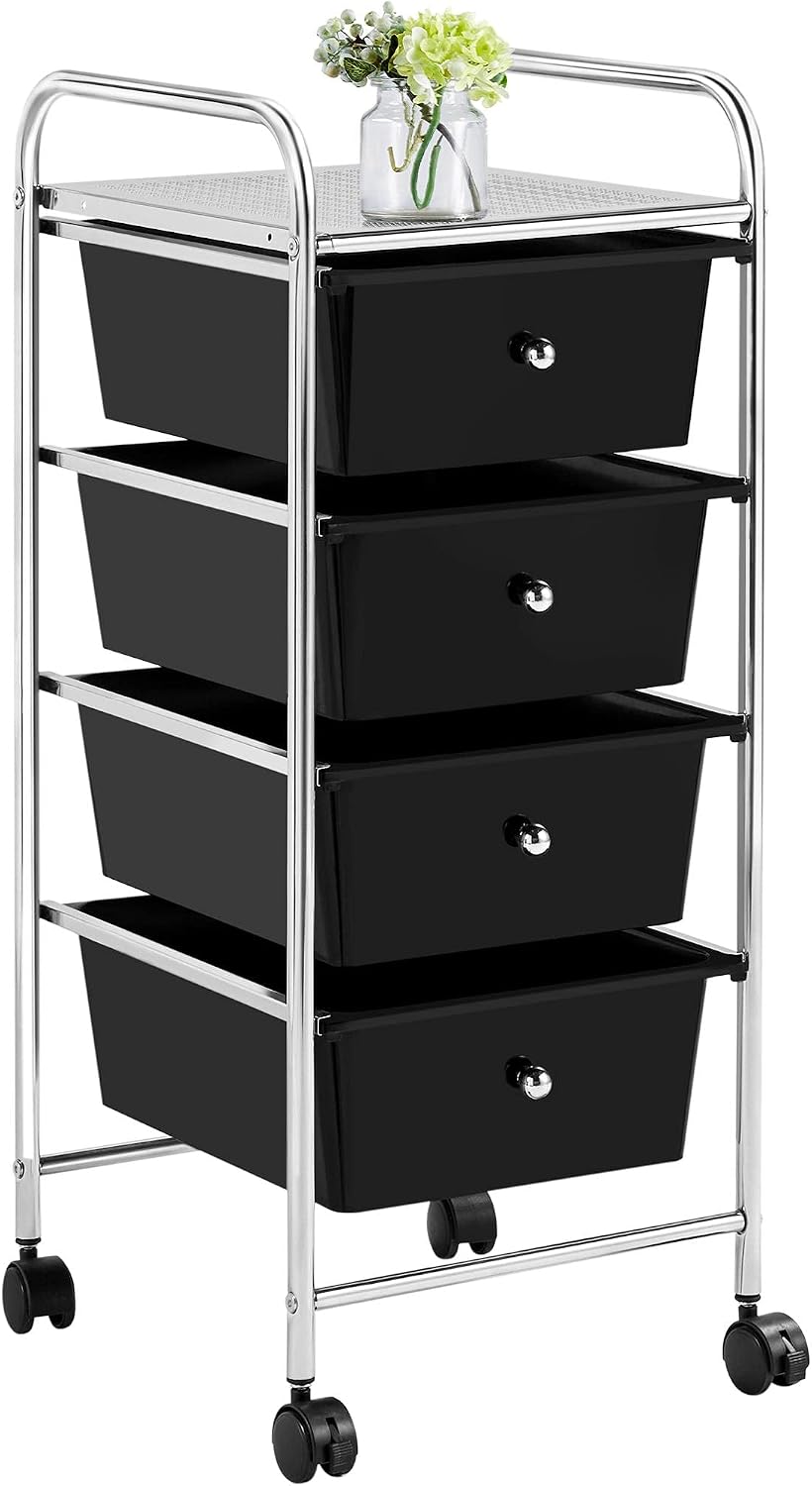 Yaheetech 4-Drawer Rolling Storage Cart with Wheels, Slim Organizer, Black | Four drawers plus a top shelf organize craft to bath gear; slim chrome-steel frame, plastic bins, locking wheels, easy setup.