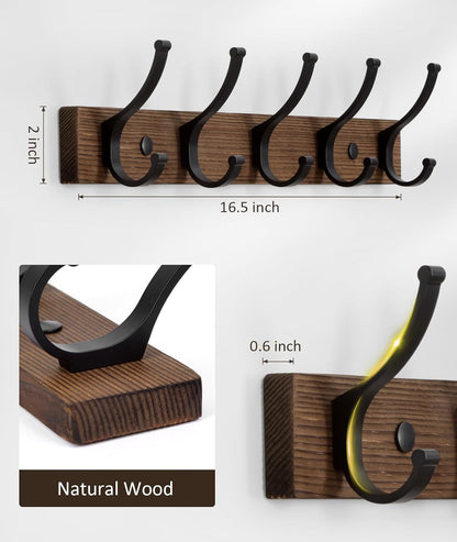 Optish Coat Rack Wall Mount, 16.5 Inches Wood Coat Hooks, Wall Hooks for Hanging, Hat Rack Bag Hanger Key Holder for Wall, Purse Hanger Towel Racks for Bathroom (1Pack, Brown)