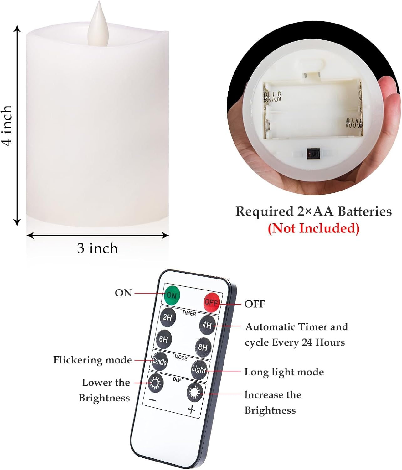 3"x4" Flickering Flameless Battery Candles with Timer, White Realistic LED Pillar Candles, Set of 2 Large Remote-Operated Candles for Home Indoor/Outdoor & Holiday Decor