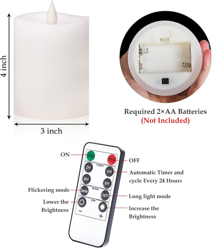 3"x4" Flickering Flameless Battery Candles with Timer, White Realistic LED Pillar Candles, Set of 2 Large Remote-Operated Candles for Home Indoor/Outdoor & Holiday Decor