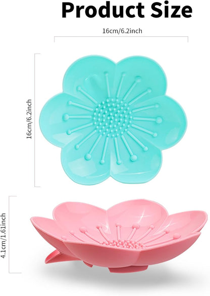 Soap Dishes 2 Pack Self Draining XL Flexible Bar Holder for Shower Steamer, Silicone Flower Soap Saver Tray for Counter Bathtub Sink Bathroom Decor with Drainage -Mirror Surface Easy Clean, Grey/Blue