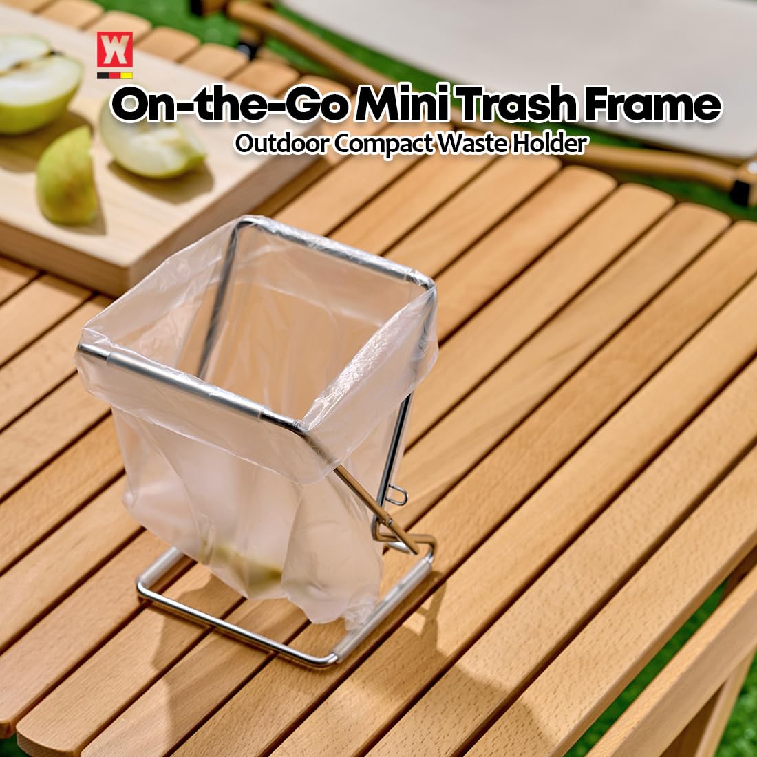 WAGENSTEIGER Foldable Stainless Steel Trash Bag Holder 13×17cm (5.12" × 6.69") Compact Countertop Waste Stand for Kitchen Food Prep, Desktop Use & Camping | Easy-Fold Space-Saving Bag Frame