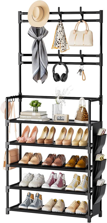 OYREL Shoe Rack 5 Tier Shoe Organizer Storage 15-20 Pairs Shoes Rack for Closet Entrance Shoe Rack Organizer with Hooks and Side Pocket Entryway Shoe Holder Space Saving Free Standing Shoe Racks