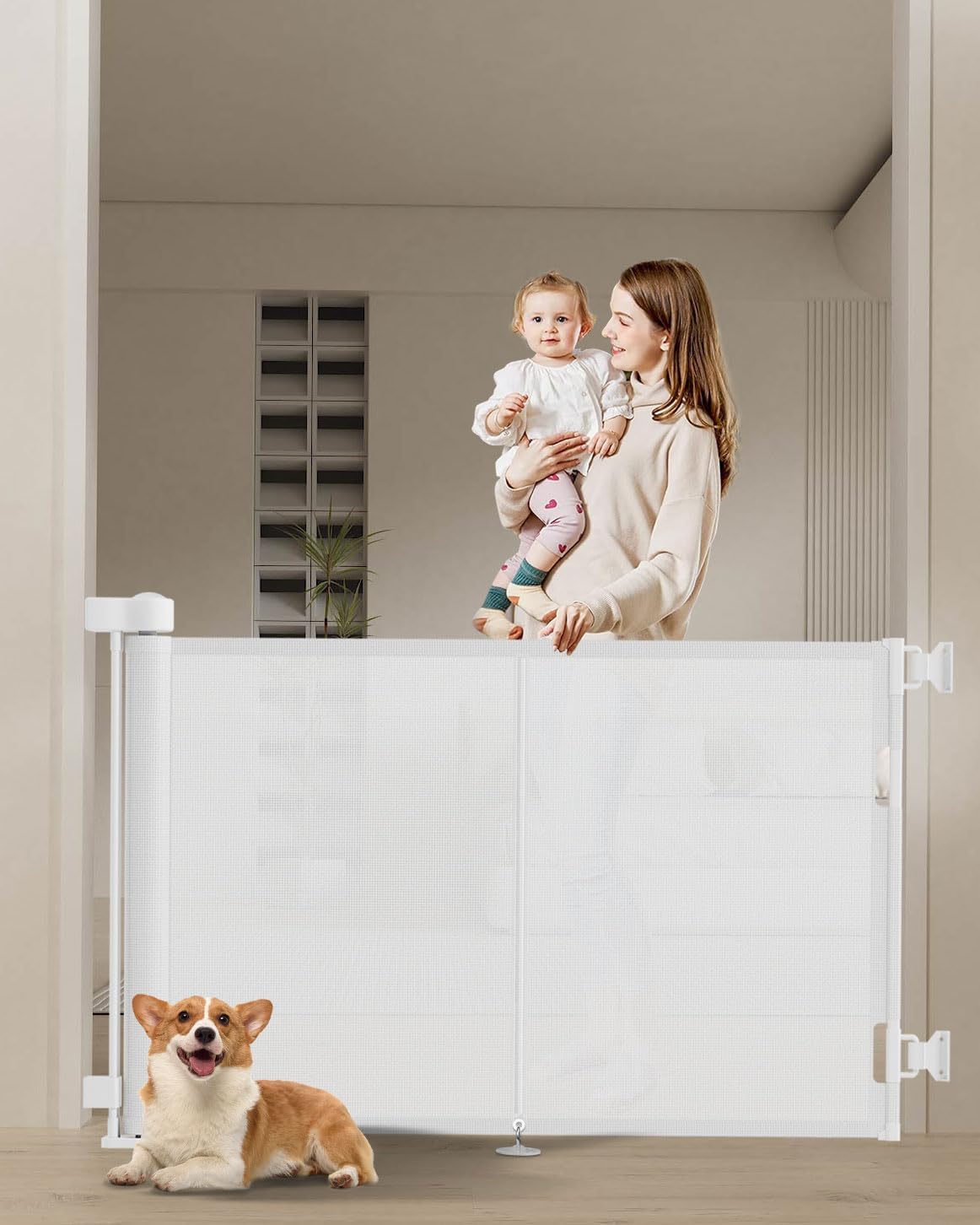 Miumoon 50 inch Retractable Baby Gates 34 inch Tall, Retractable Gate with Reinforced Strip Design to Prevent Crawling Through, Retractable Dog Gate for Stairs, Doorways, Hallways
