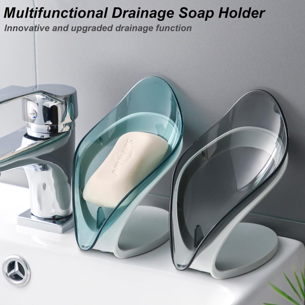 H&W 2Pcs Self Draining Soap Holder,Suction Cup Soap Dish,Shower Soap Bar Holder,Leaf Shape Soap Holder,Soap Dish Dispenser for Shower, Bathroom, Kitchen Sink (Grey + Blue)