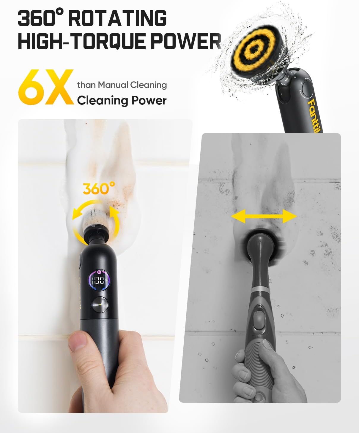 Fanttik Flip G10 Nano HomeCare Cordless Electric Spin Scrubber, 360° High-Torque Rotation, 2-Speed & 3-Angle, IPX7 Waterproof Cleaning Brush with 15 Brush Heads for Grout, Tiles, Sinks, Crevices