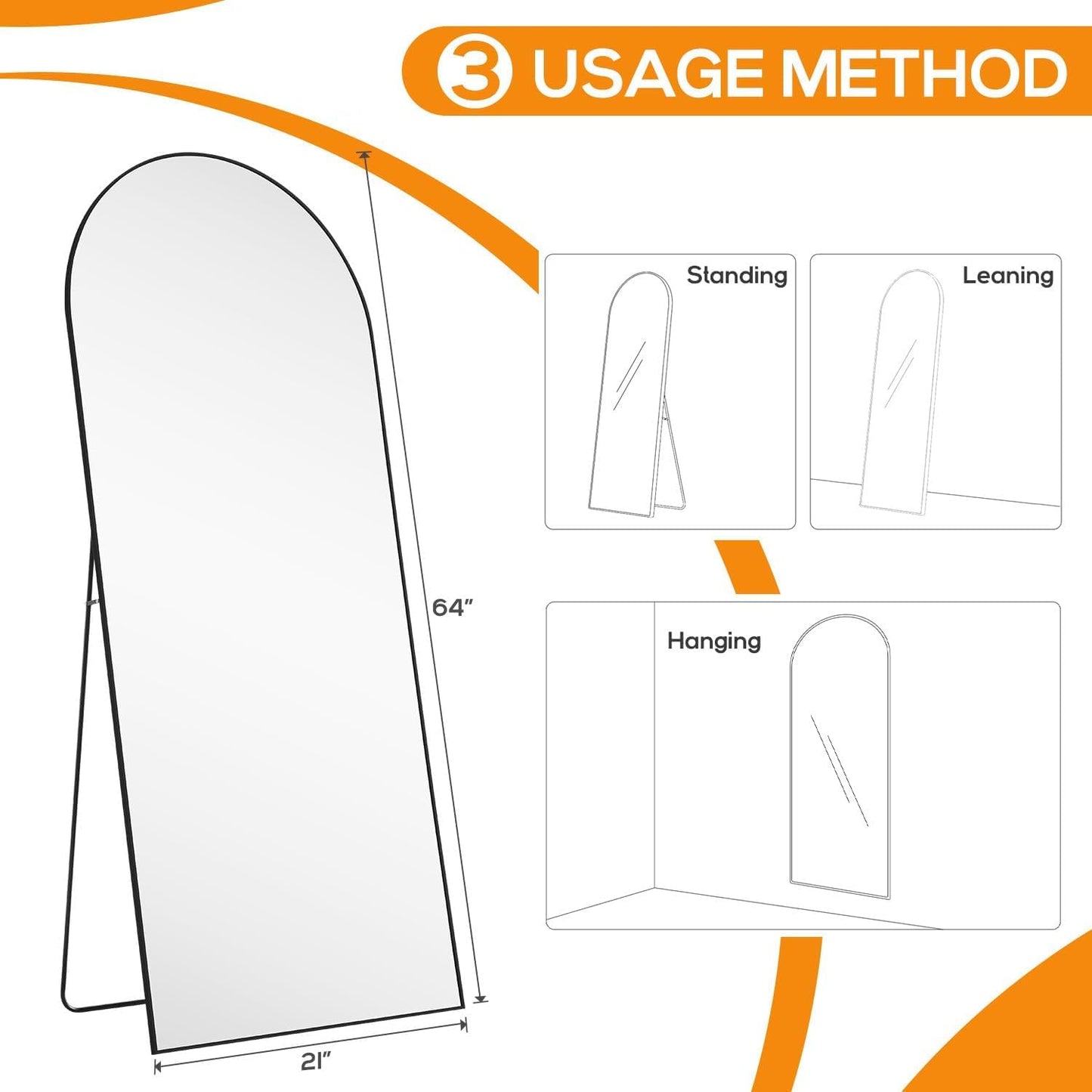 Arched Mirror Full Length, Upgraded 16"x59" Body Wall Mirrors with Shatter-Proof Glass, Floor Standing, Hanging or Leaning, Tall Arch Mirror with Stand Aluminum Alloy Frame for Bedroom, Black
