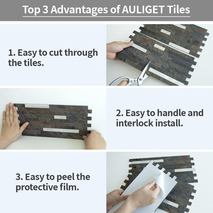 AULIGET 20 Sheets Peel and Stick Backsplash, Black & Grey Wood Look PVC Mixed Metal Stick on Backsplash Tiles for Kitchen
