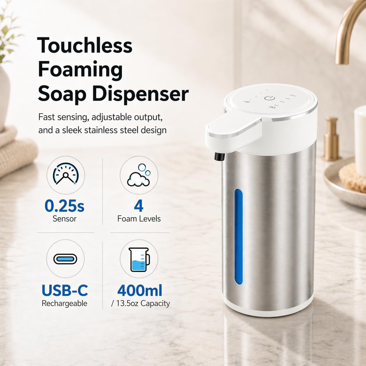 Automatic Foaming Soap Dispenser Touchless, 304 Stainless Steel Hand Soap Dispenser, USB Rechargeable, 4 Adjustable Levels, 13.5 oz (400 ml), for Kitchen & Bathroom (Black, Foam)