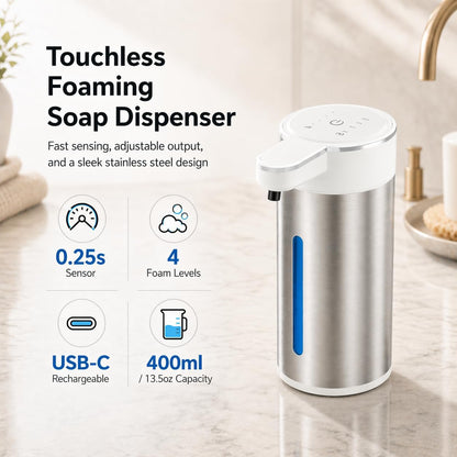 Automatic Foaming Soap Dispenser Touchless, 304 Stainless Steel Hand Soap Dispenser, USB Rechargeable, 4 Adjustable Levels, 13.5 oz (400 ml), for Kitchen & Bathroom (Black, Foam)