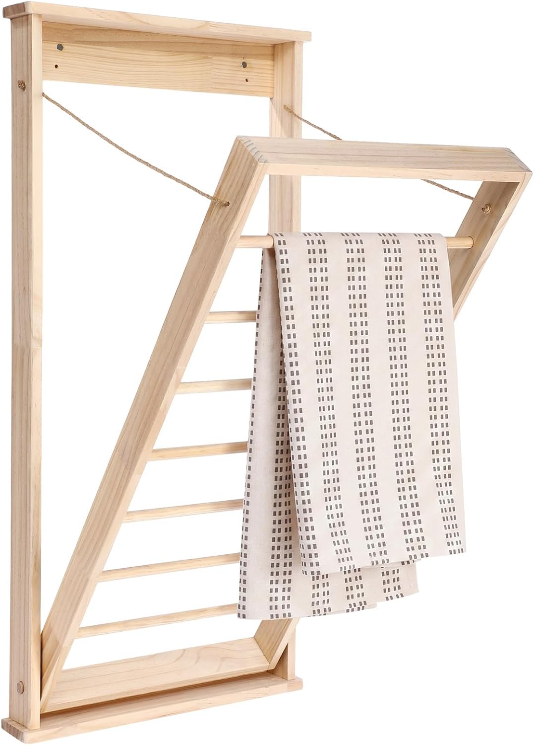 Novabright 1 Pcs Wall Mounted Drying Rack with Wooden Rod, Foldable Space-Saving Hanging Clothes Drying Rack for Laundry Room Storage Bathroom (40 x 19 x 3 Inch,Wood)