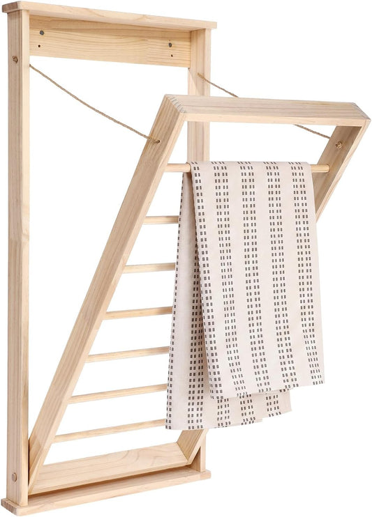 Novabright 1 Pcs Wall Mounted Drying Rack with Wooden Rod, Foldable Space-Saving Hanging Clothes Drying Rack for Laundry Room Storage Bathroom (40 x 19 x 3 Inch,Wood)