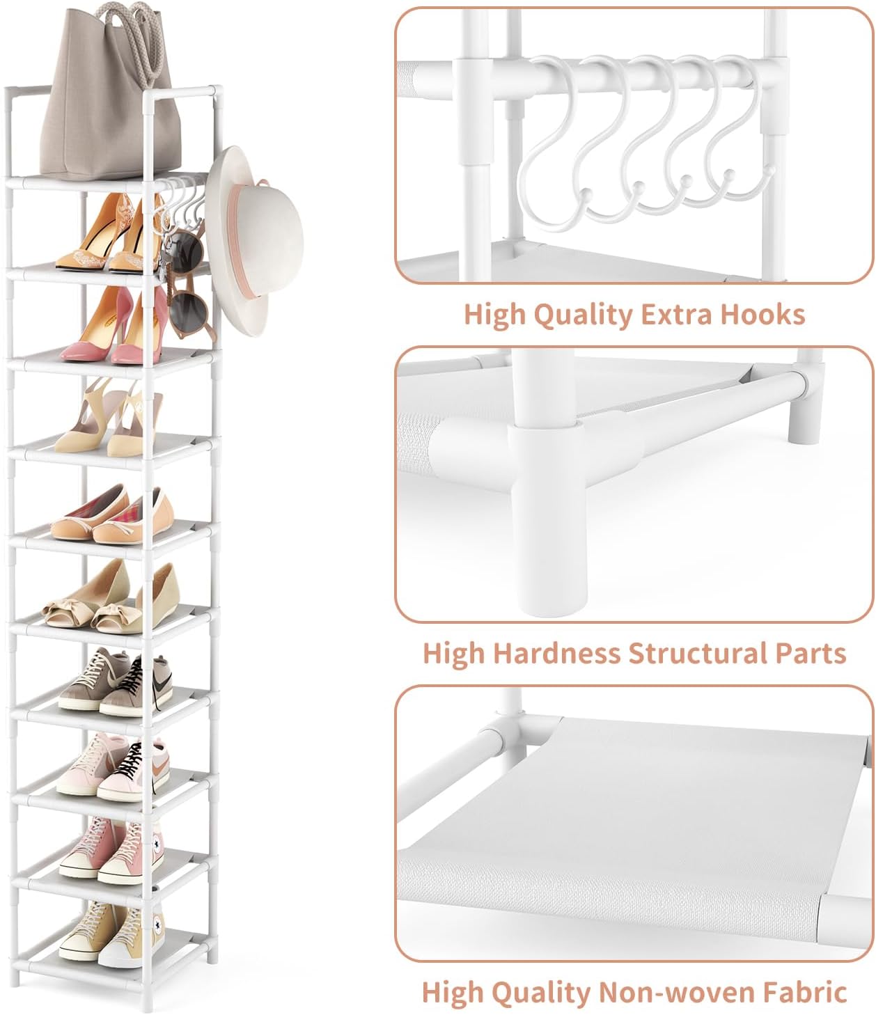 LANTEFUL Tall Narrow Shoe Rack for Entryway, 10-Tier Sturdy Metal Shoe Shelf Storage 10-15 Pairs of Shoes and Boots, Space Saving Corner Shoe Rack Organizer for Closet,Doorway,Garage,Living Room