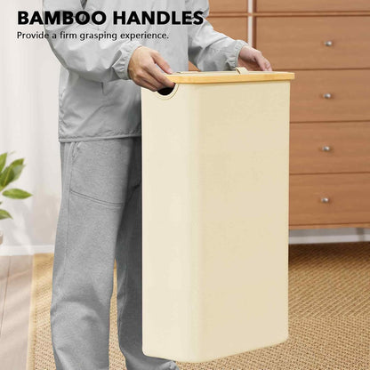 SpaceAid Double Laundry Hamper 2 Section with Lid and Removable Laundry Bags, 160L Clothes Basket with Bamboo Handles, Large Collapsible Hamper for Bedroom, Bathroom, Dorm, Laundry Room - White