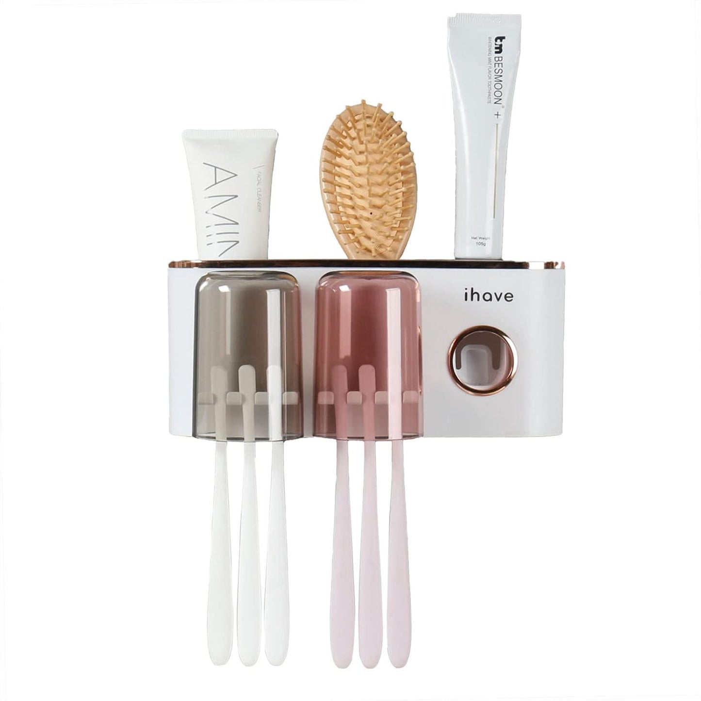 iHave Toothbrush Holders Bathroom Decor with Toothpaste Dispenser, 2 Cups Toothbrush Holder Wall Mounted Bathroom Accessories