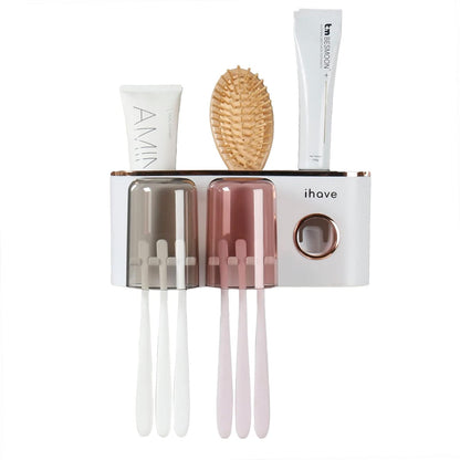 iHave Toothbrush Holders Bathroom Decor with Toothpaste Dispenser, 2 Cups Toothbrush Holder Wall Mounted Bathroom Accessories