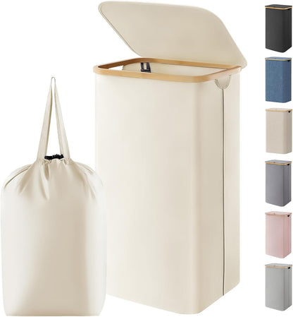 Lifewit 120L Laundry Basket with Lid, Clothes Hampers for Laundry with Bamboo Handles and 2 Removable Bag, Large Foldable Laundry Hamper for Bedroom, Bathroom, Dorm, Laundry Room, Beige