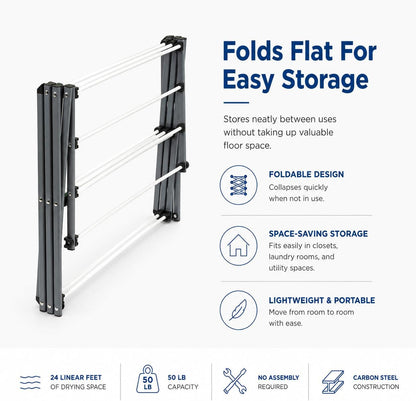 Honey-Can-Do Oversized Collapsible Clothes Drying Rack, 35", 50 lb, Grey | Oversized 35" x 45" steel rack holds 50 lb and folds flat for storage. Air-dry a full load indoors or outdoors.