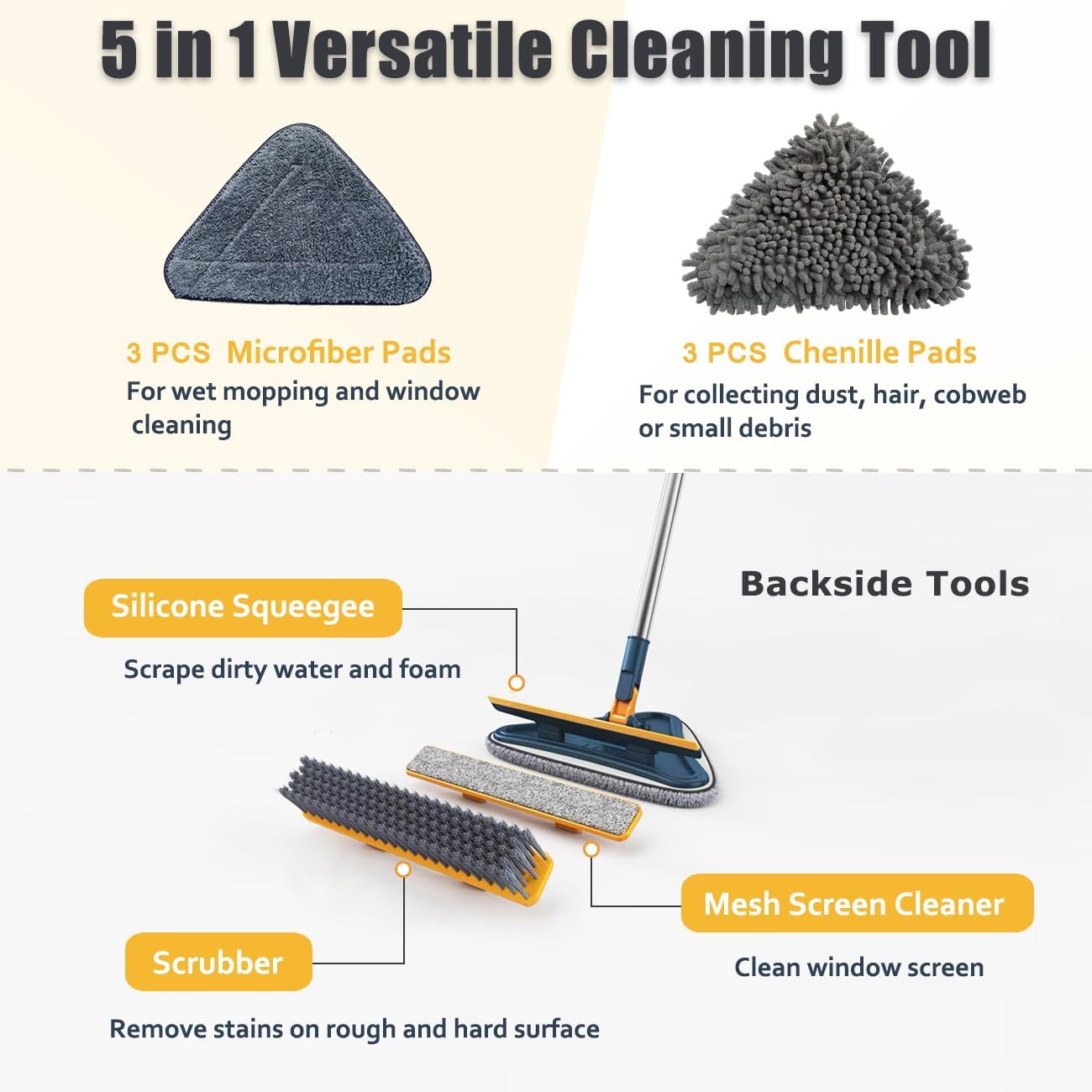 Wall Cleaner Mop with Long Handle, 5-in-1 Wall Cleaning Dust Mop with 6 Replacement Chenille Microfiber Pads, Squeegee, Scrubber, Duster Cleaning Tools for Wall, Window, Floor, Ceiling