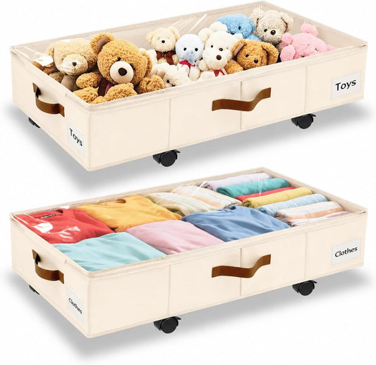 Under Bed Storage with Wheels,Underbed Storage with Sturdy Sidewalls/Bottom, Clear Cover, Label and PU Handle, Rolling Under Bed Drawers for Clothes, Shoes, 6.5 Inch Height,Black, 2 Pack