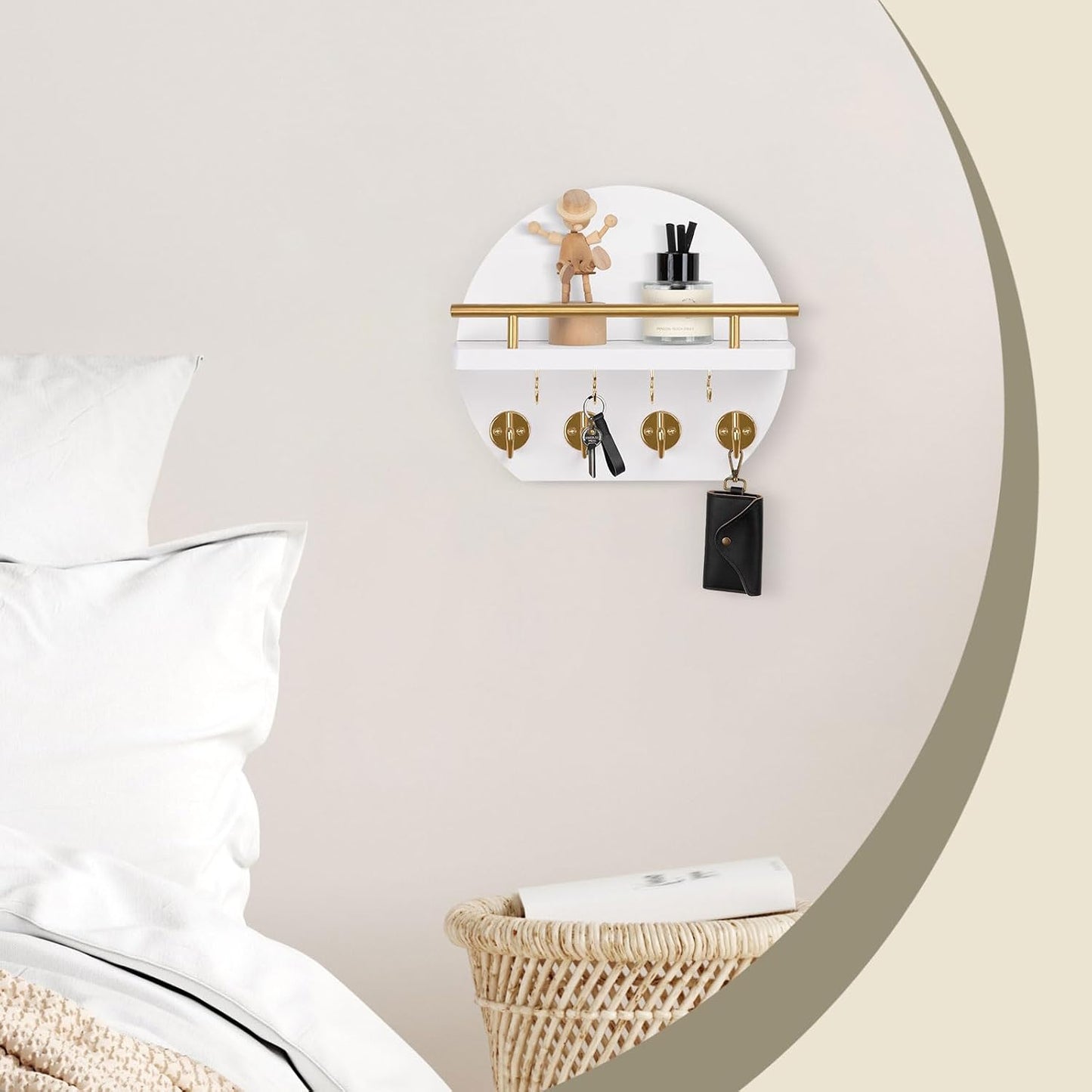 Nekon Key Holder for Wall - 9.8 Inch Apartment Wall Decor with Shelf and 8 Key Hooks, Circular Wood Key Hanger for Home Decor (Black with Golden Hooks)