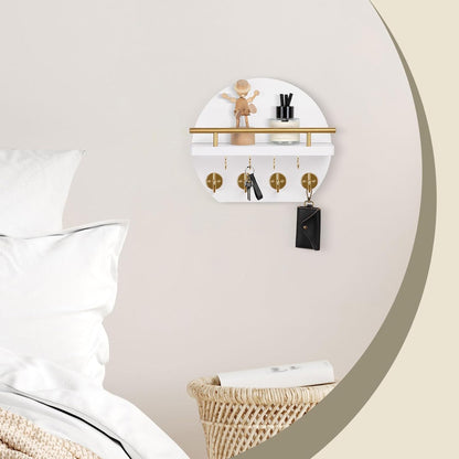 Nekon Key Holder for Wall - 9.8 Inch Apartment Wall Decor with Shelf and 8 Key Hooks, Circular Wood Key Hanger for Home Decor (Black with Golden Hooks)