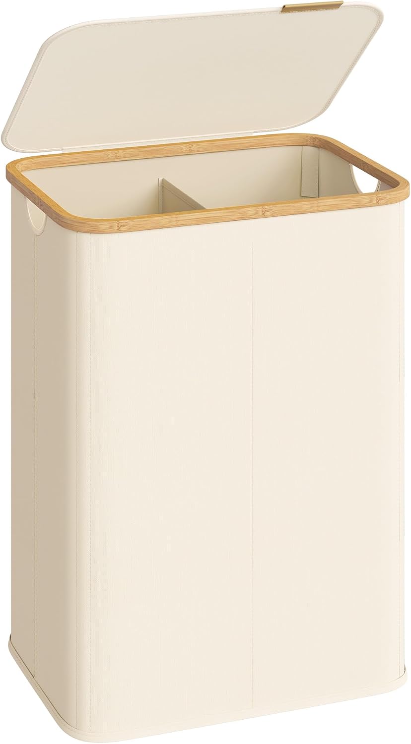 SONGMICS Laundry Hamper, Laundry Basket with Lid, Foldable Storage Basket, Bamboo Frame, for Bedroom, Living Room, Oxford Fabric, 37 Gal. (140 L), Cream White ULCB519WD01