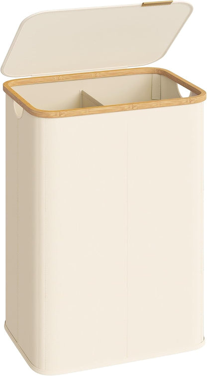 SONGMICS Laundry Hamper, Laundry Basket with Lid, Foldable Storage Basket, Bamboo Frame, for Bedroom, Living Room, Oxford Fabric, 37 Gal. (140 L), Cream White ULCB519WD01