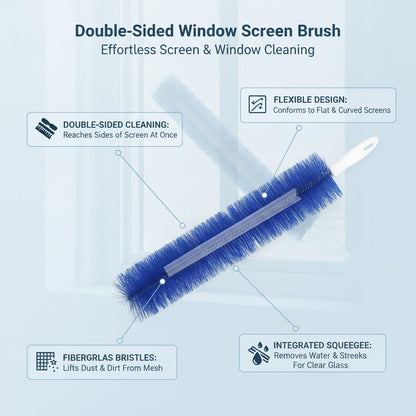 Double-Sided Window Screen Cleaner with Squeegee, Reaches Both Sides from Inside, Flexible Bristles for Mesh and Glass (1 Pack)