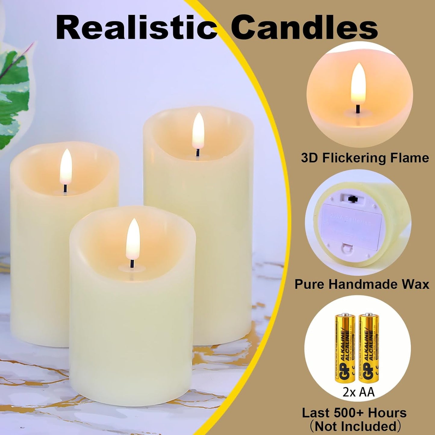 Flameless Candles Battery Operated with Remote Timer, 3D Flame Flickering, Last 500+ Hours Battery Candles, Ivory Real Wax LED Pillar Candle for Wedding Home Christmas Decorations, Set of 3
