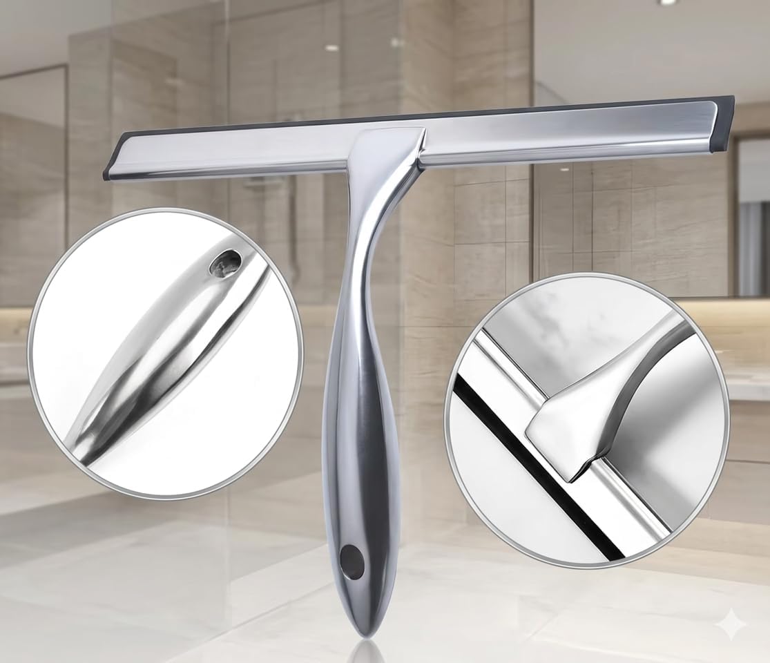 Shower Squeegee for Glass Doors - Stainless Steel Window Squeegee with Adhesive Hook, Streak-Free Silicone Blade for Bathroom Mirror, Tile, and Window