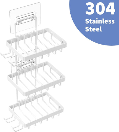 Moforoco Double Soap Bar Holder for Shower, No Drilling, 304 Stainless Steel, Wall Mounted Soap Holder with 4 Hooks and Razor Holder, Shower Rack Soap Tray Bar Soap for Bathroom Accessories Organizer