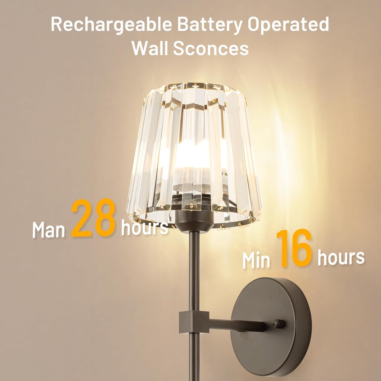 Crystal Battery Operated Wall Sconces Set of 2, Gold Rechargeable Wireless Wall Sconce Lights with Crystal Lampshade, 12 RGB and 3CCT Dimmable Wall Lamps with Remote for Bedroom Living Room Hallway