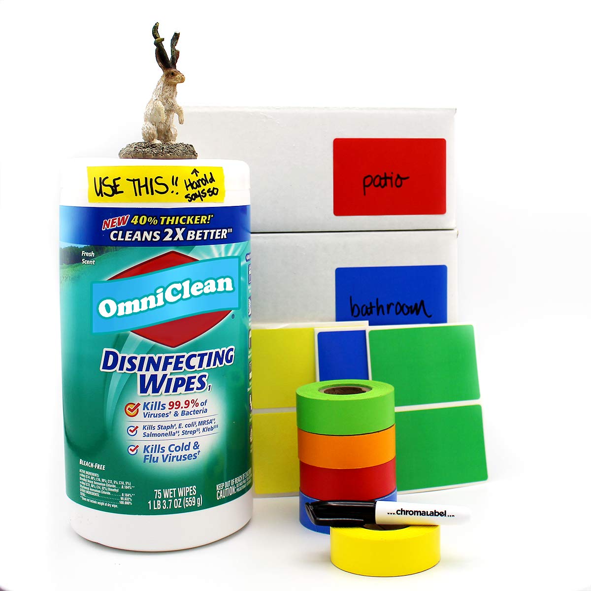 ChromaLabel Moving Labels Kit Color Code Tape & Label Pack, 150 Labels, 5 Rolls of Clean-Remove Tape, Permanent Marker