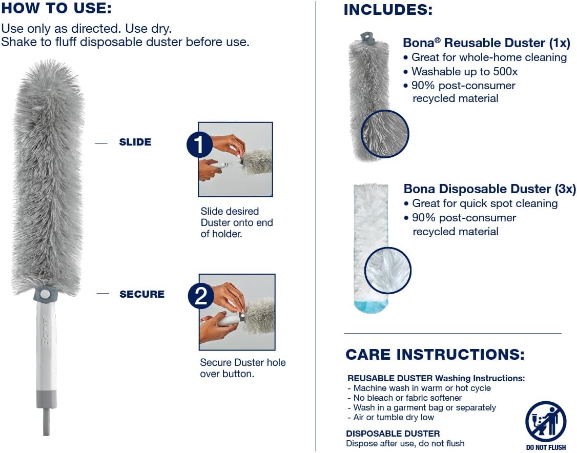 Bona High Performance Dusting System - 1 Extendable Handle, 3 Disposable Dusters, 1 Reusable Duster, & 1 Storage Bag - Extendable Dusting Kit